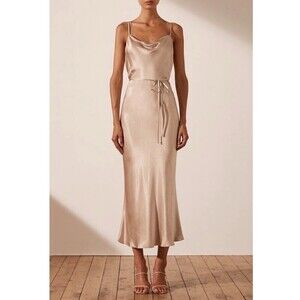 SHONA JOY La Lune Bias Cowl Midi Dress Bridesmaid Slip Belt Gold Satin 8 Formal